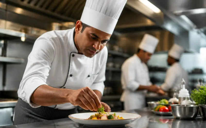 Chef plating a dish in a clean commercial kitchen