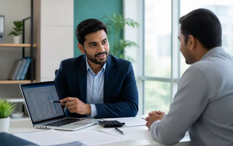 Tax consultant explaining GST returns on a laptop to a client