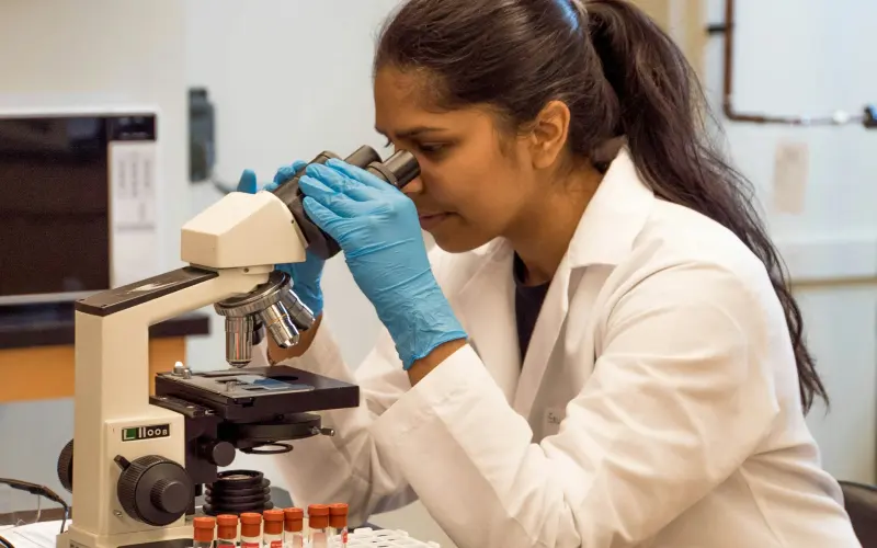 Scientist looking through a microscope in a laboratory