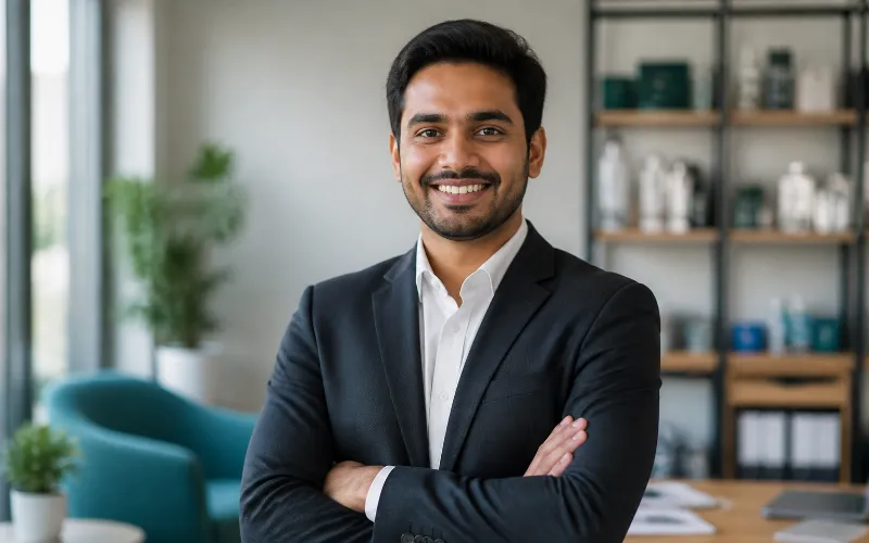 Smiling business owner in a blazer standing in his office