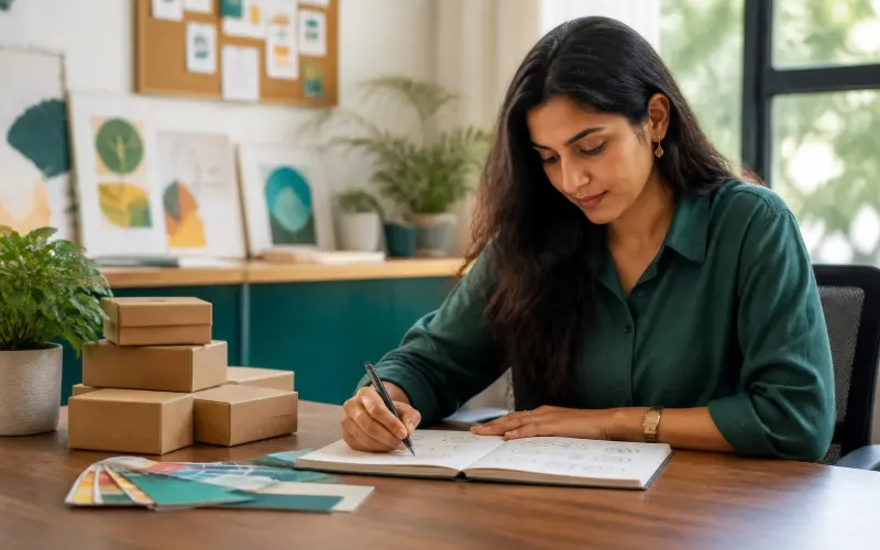 Designer sketching brand ideas beside product boxes and colour swatches